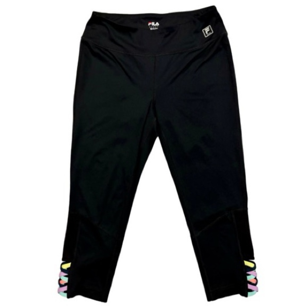 FILA SPORT BLACK ACTIVE MID RISE CAPRI LEGGINGS PASTEL COLORS ON LEG SIZE M